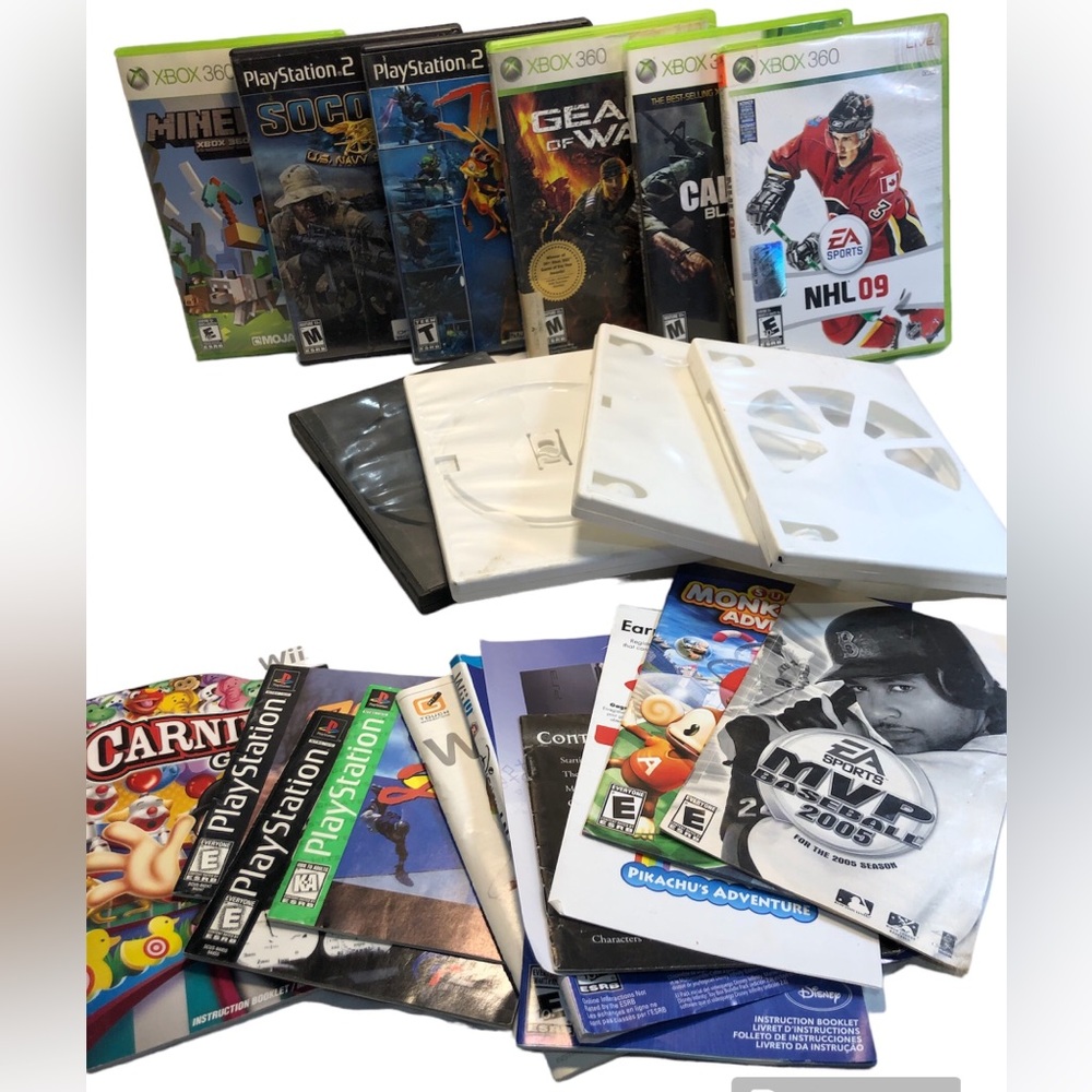 Assorted Empty Video game cases and manuals ps1, Xbox , Wii great for resellers